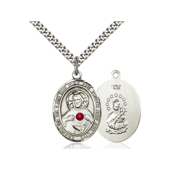 Sterling Silver Scapular Pendant with 3mm July Red Swarovski Crystal 1 x 3/4 inches with Heavy Curb Chain