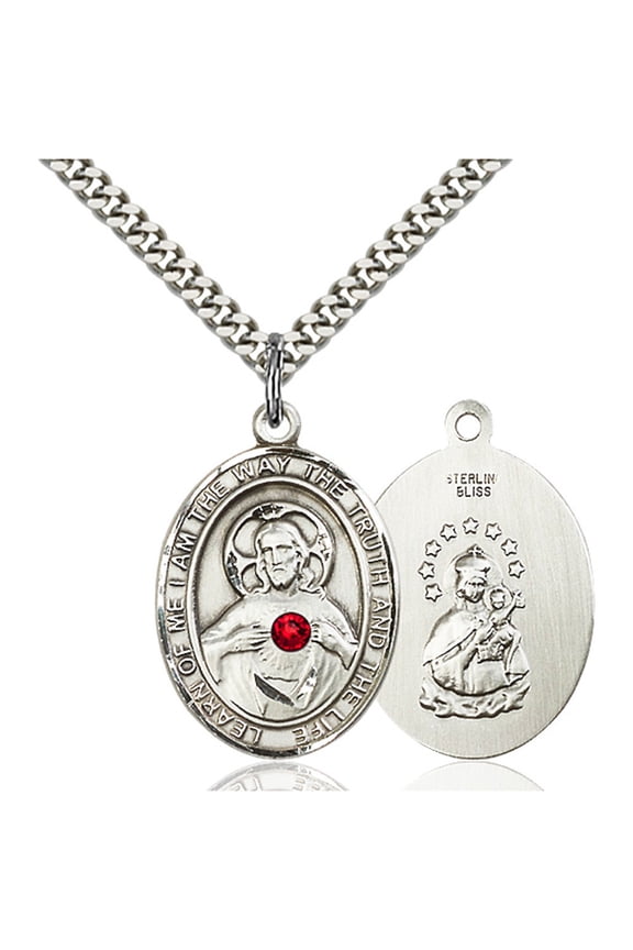 Sterling Silver Scapular Pendant with 3mm July Red Swarovski Crystal 1 x 3/4 inches with Heavy Curb Chain