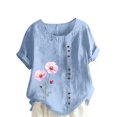 thumbnail image 2 of Lydiaunistar Hauts d'Été pour Femmes Blouse Décontractée en Lin à Col Rond Polyester Mode Grande Taille Manches Courtes T-shirt à Boutons, 2 of 4