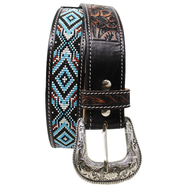 33 34 Western Antique Floral Tooled Beaded Full Grain Leather Belt 26FK55