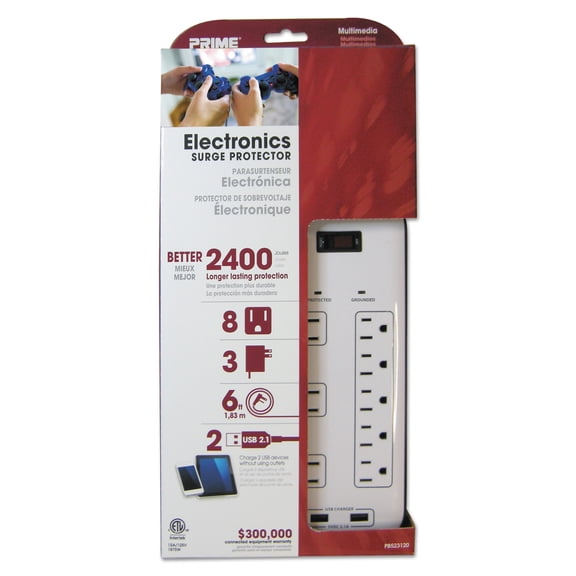 PRIME Electronics Surge Protectors, 8 Outlets, 2400 Joules, White