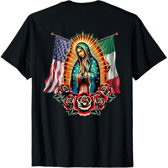 Virgen De Guadalupe Virgin Mary Mexican American Flag T-Shirt Shirts