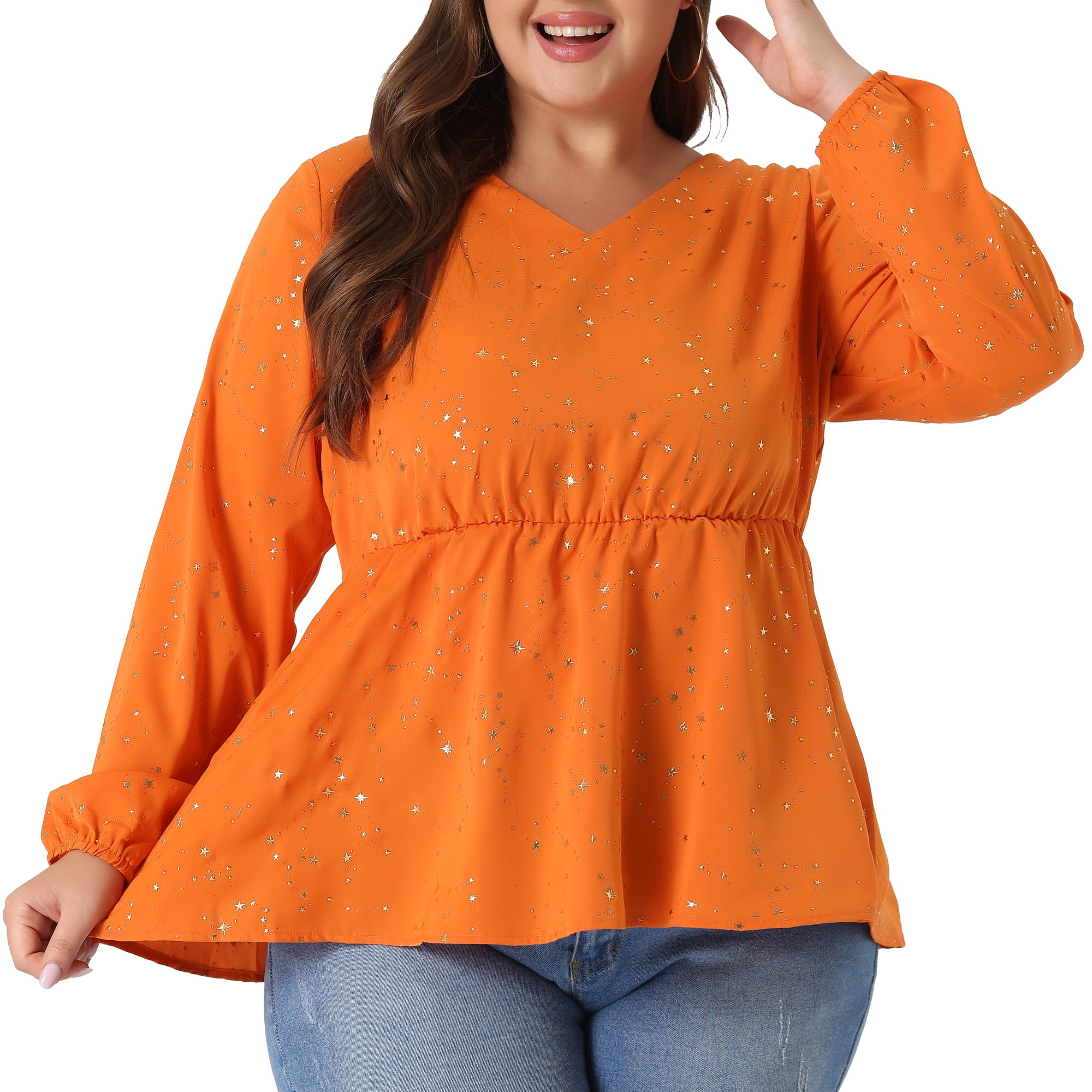 DARING DIVA Women's Plus V Neck Peplum Top Ruffled Elastic Waist Blouse 3X Orange