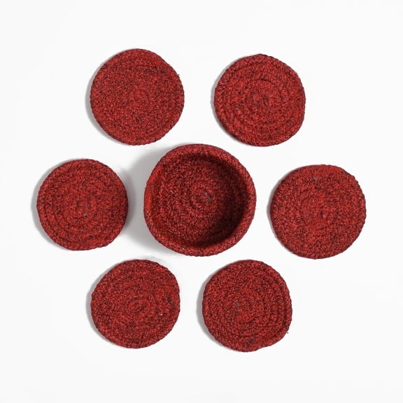 Coasters Set of 6 for Drinks, Cotton Woven Absorbent Coasters with Holder, Boho Style 4 Colors Tabletop Protection for Coffee, Beer & Cups (Red)