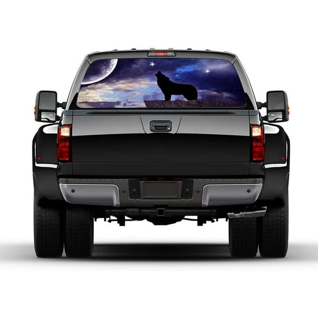 Truck Rear Window Decal Sticker, Wolf Graphic Car Back Window Decal Flower Perforated Window Back Decal for Truck SUV Van Pickup, 53x14 inch-B_53X14inch