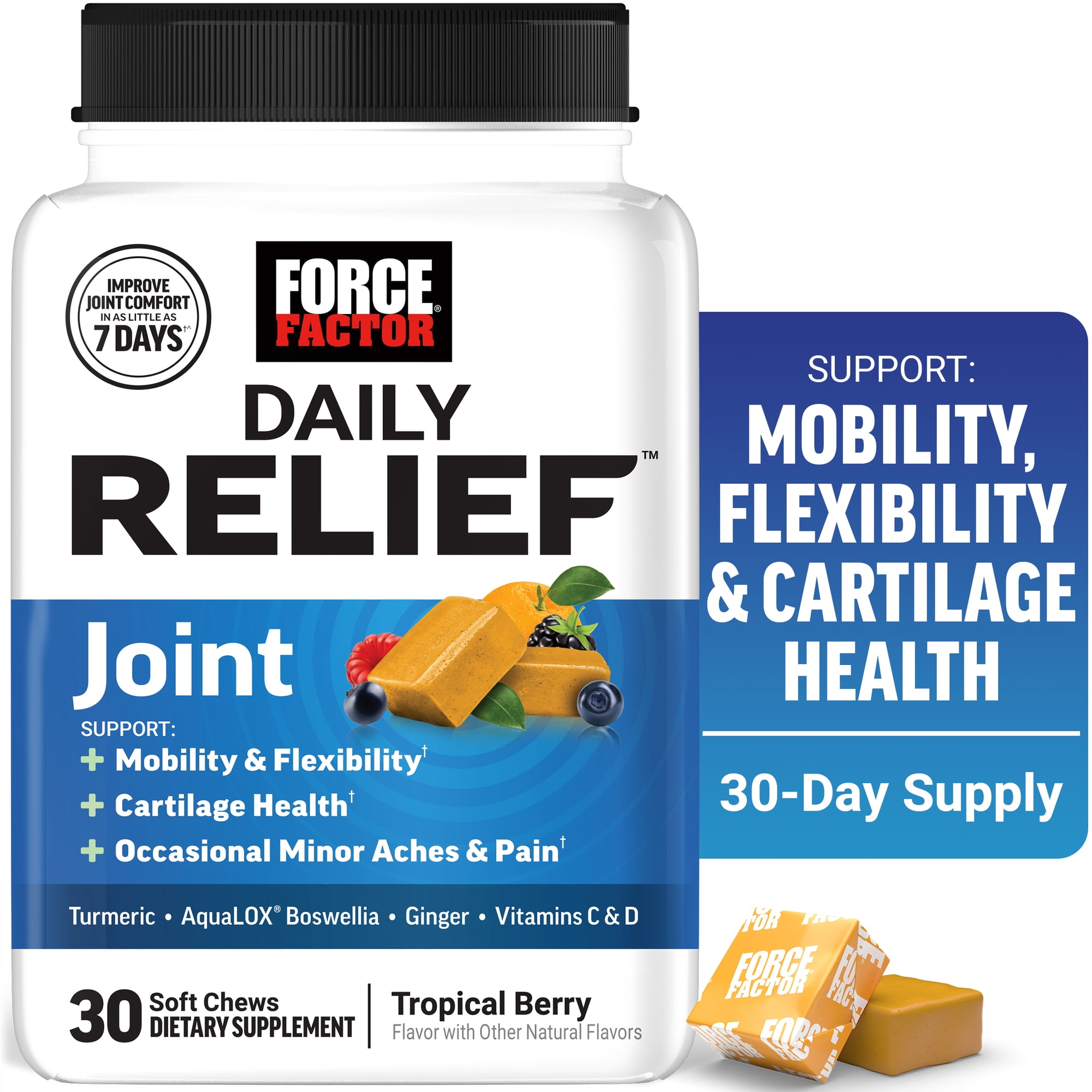 Force Factor Daily Relief Joint Support Soft Chews with Turmeric, Boswellia & Ginger for Mobility & Health, Tropical Berry, 30 Count