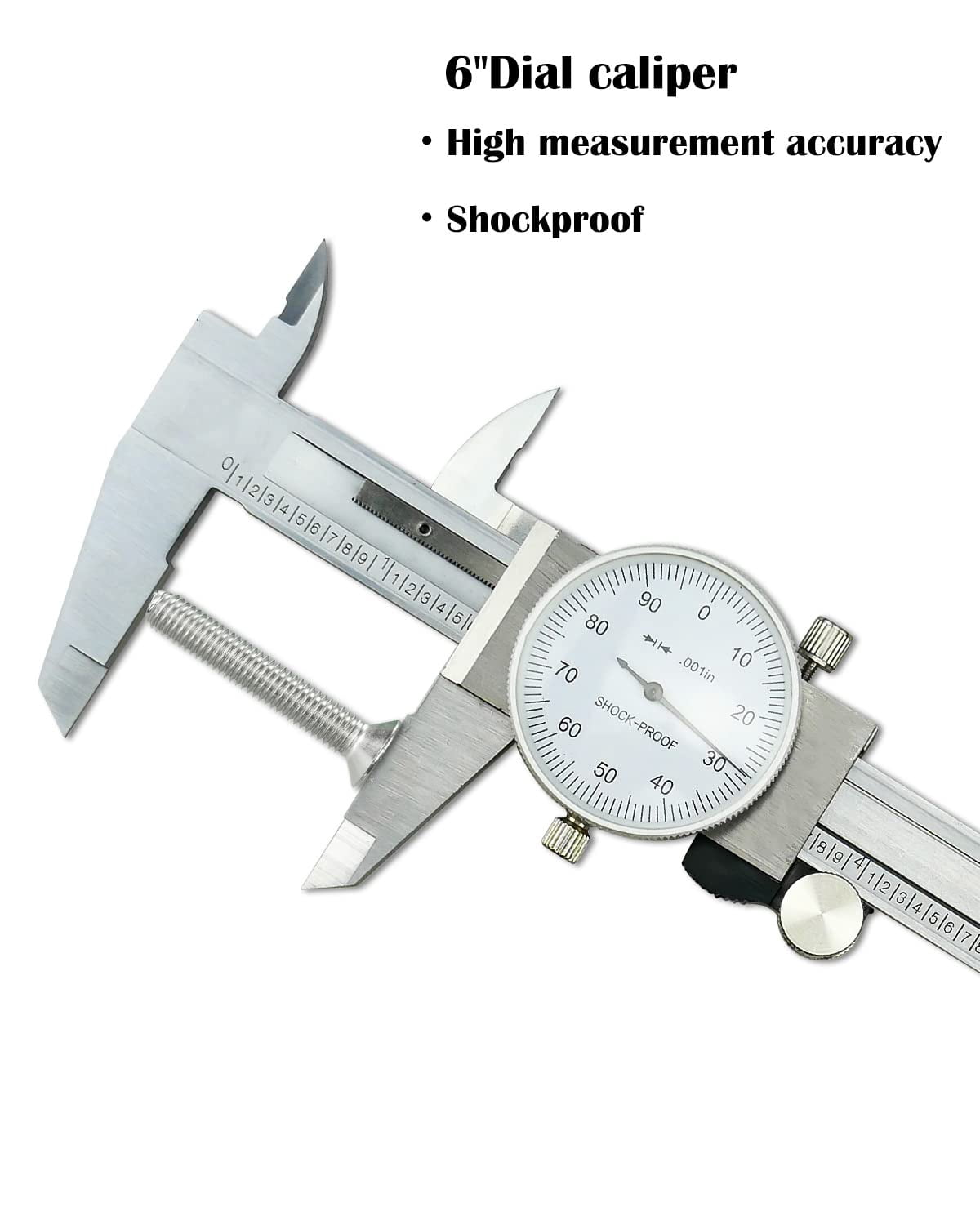 6 Inch Dial Caliper +/-0.001 Inch Accuracy, Shockproof Hardened Stainless Steel Metal 4-Way Measurement Calipers Measuring Tool with Plastic Case