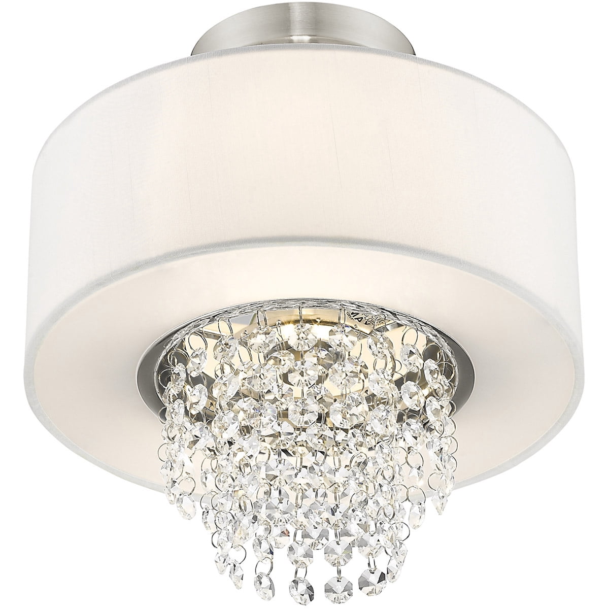 2 Light Brushed Nickel Ceiling Light fixture with Clear Crystals/ Hand Crafted Off-White Fabric Hardback Shade