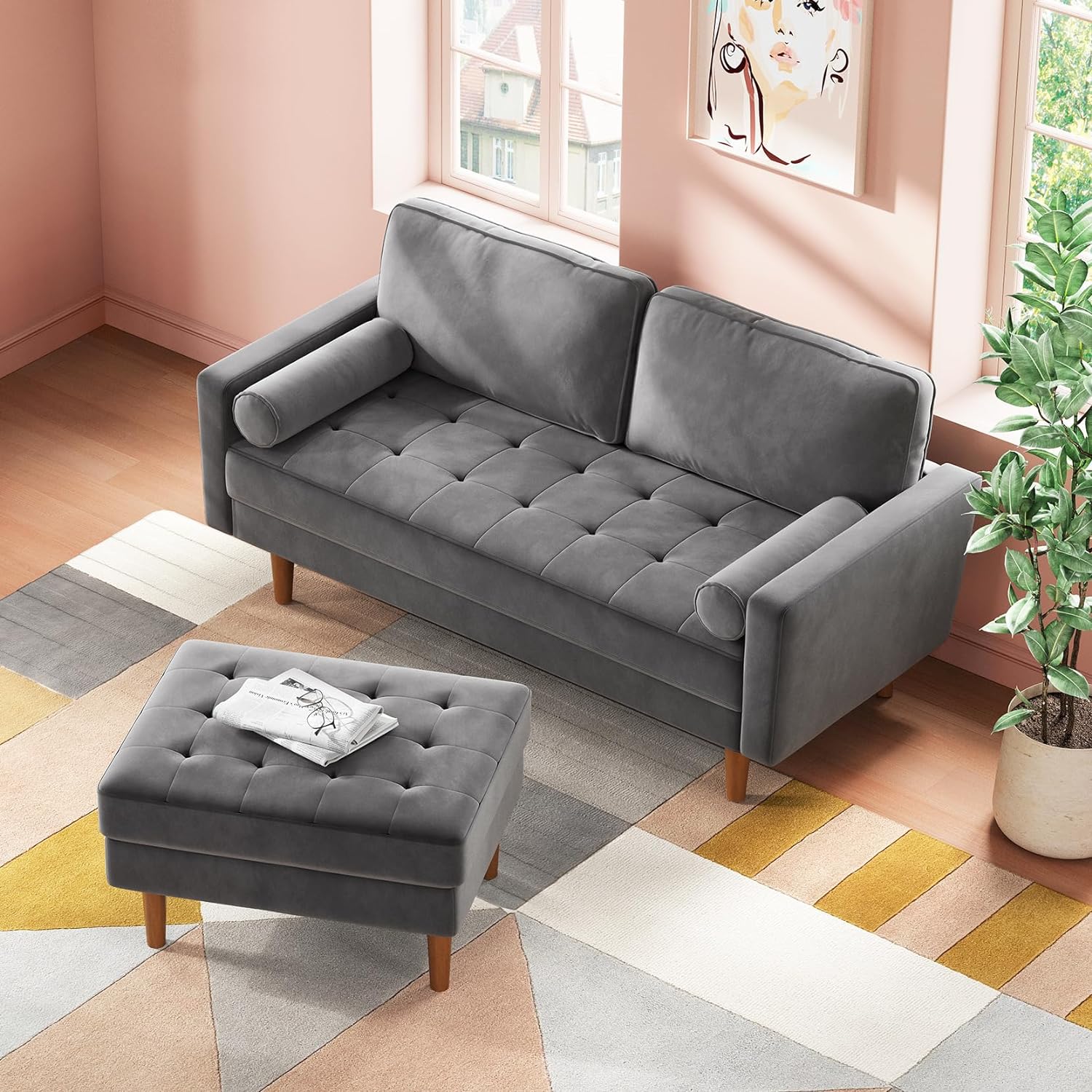 Neche 59" Velvet Spring Sofa Couch for Living Room, Office, Small Space, Solid Wood Leg, One Box, Gray