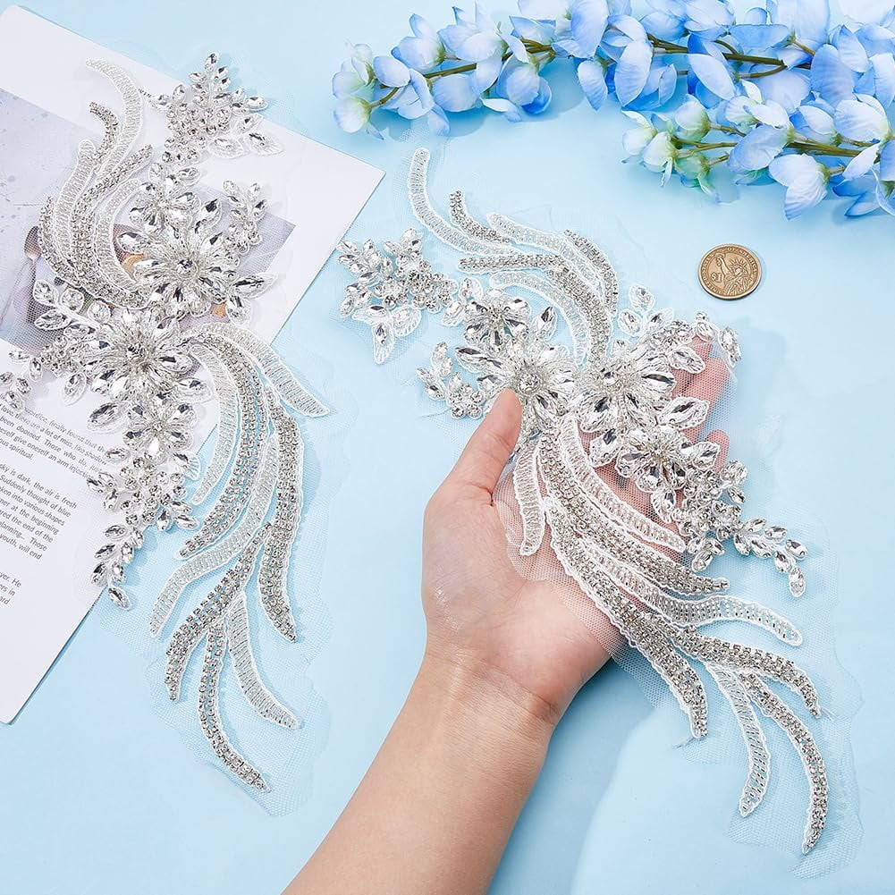 2Pcs Flower Lace Bead Applique Handmade Rhinestones Appliques Embroidery Floral Patch Sewing Beads Trim Patch Sparkly Sequins Beaded Applique for DIY