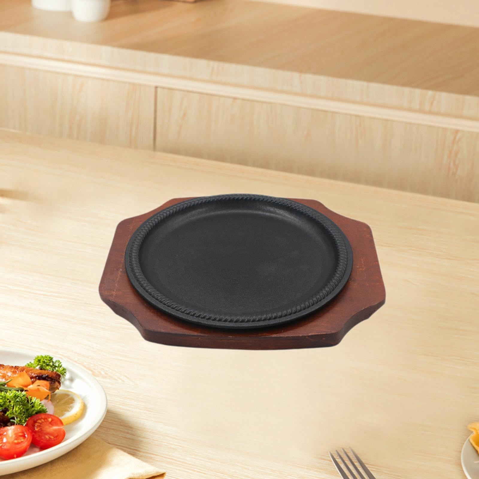 TISHITA Griddle Steak Plate Tray Nonstick with Wooden Base Platter Sizzling Steak Plate Iron Griddle Pan for Home Kitchen Stovetops L