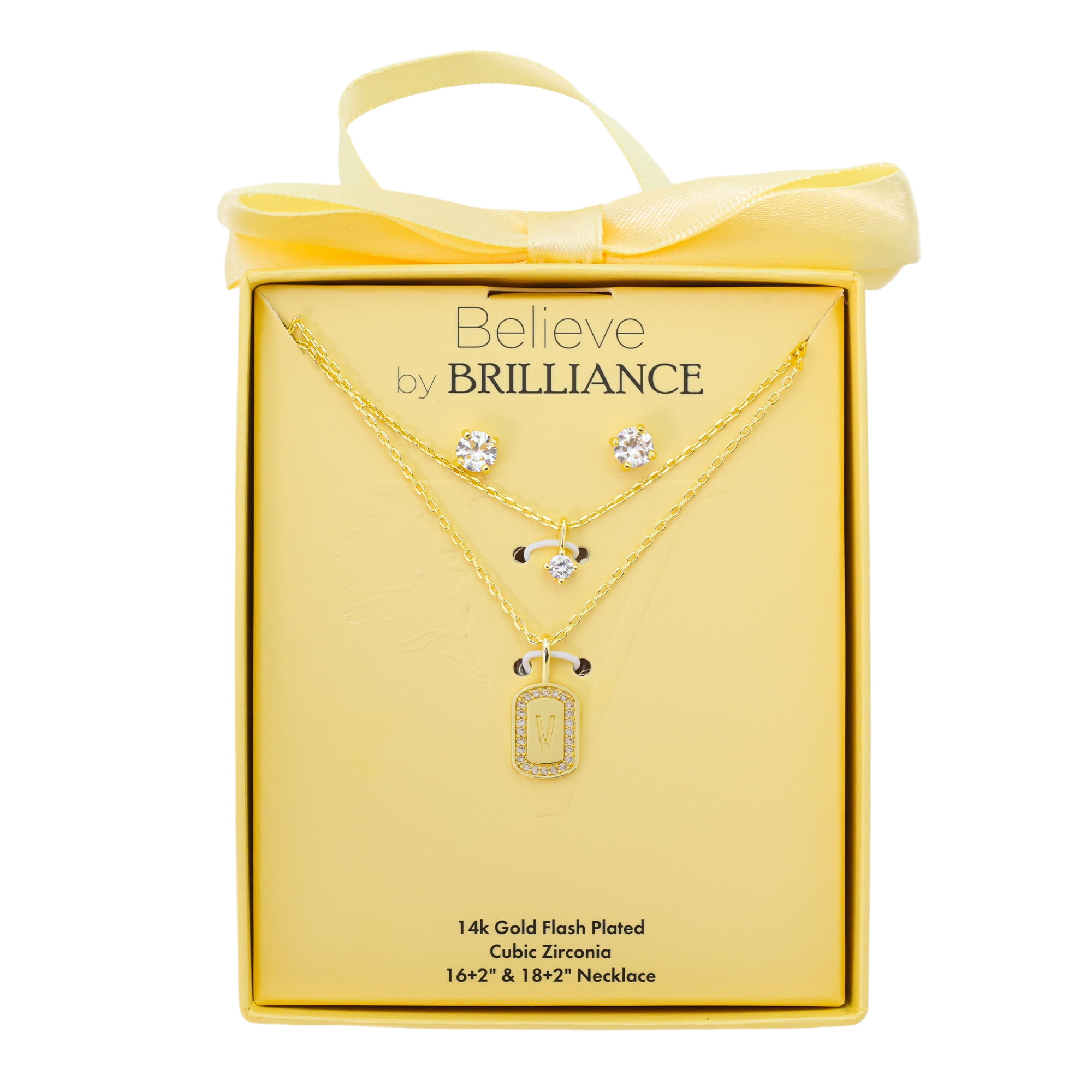 Believe by Brilliance Women's 14Kt Gold Flash Plated Cubic Zirconia Double Layer Tag "V" Necklace and Earring Set