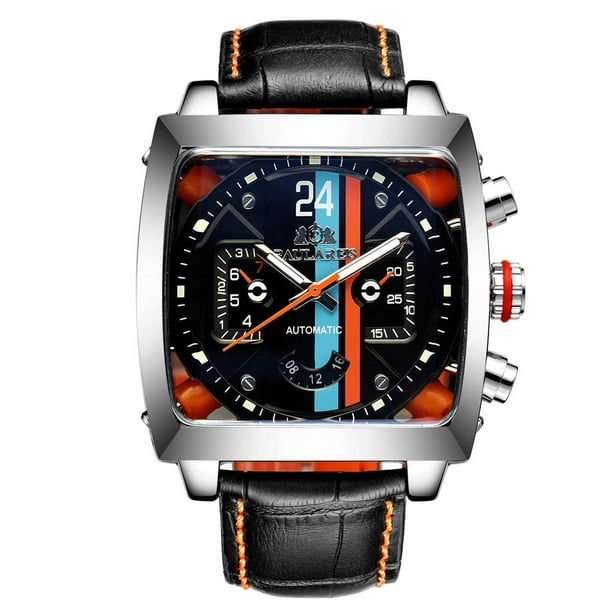 Reloj mecánico automático multifuncional de cuero luminoso para hombre cuadrado