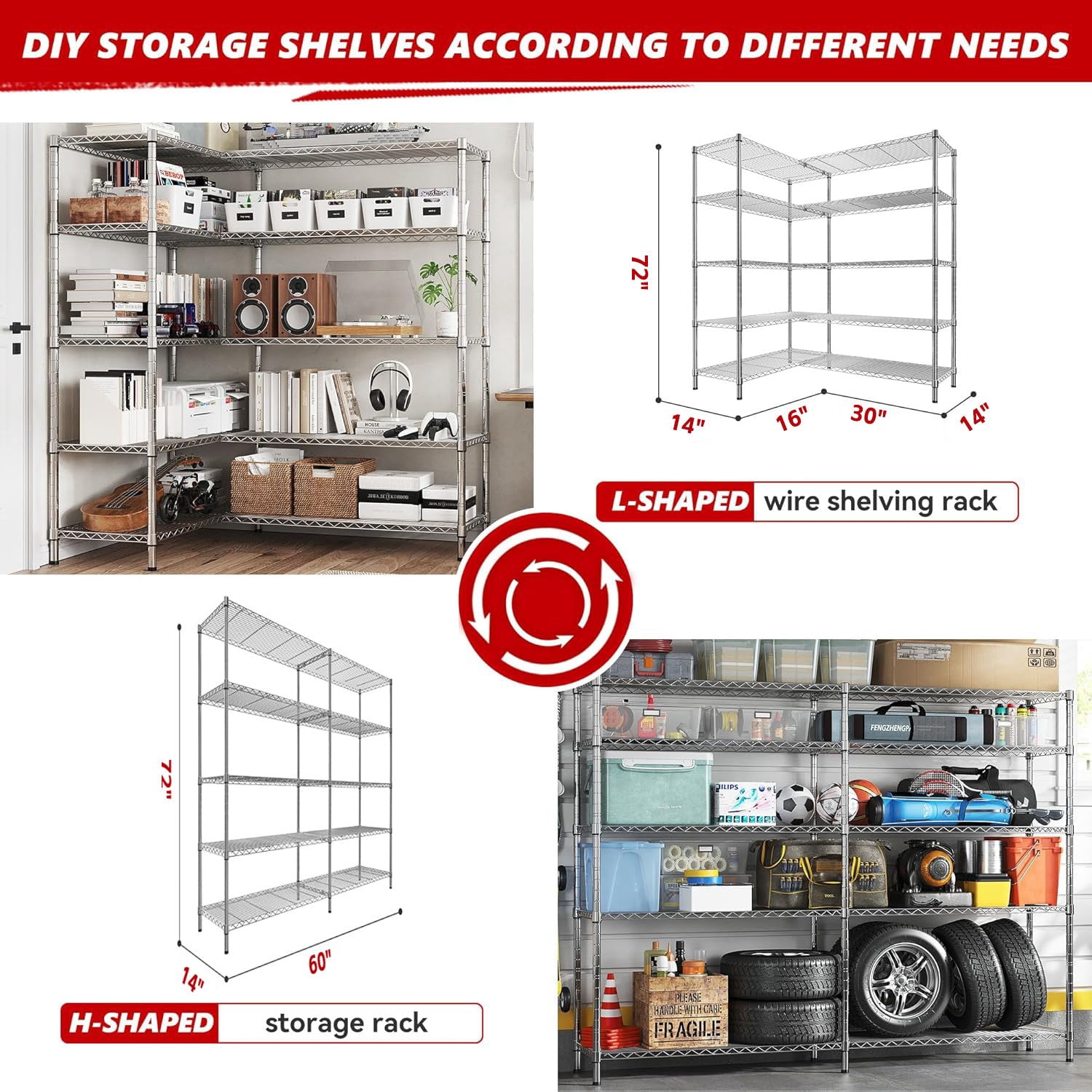 Sailvan 5-Tier Heavy Duty Metal Storage Rack,60"W x 14"D x 72"H Adjustable Wire Shelving Unit,1500 lbs Capacity Garage Pantry Shelves,Silver