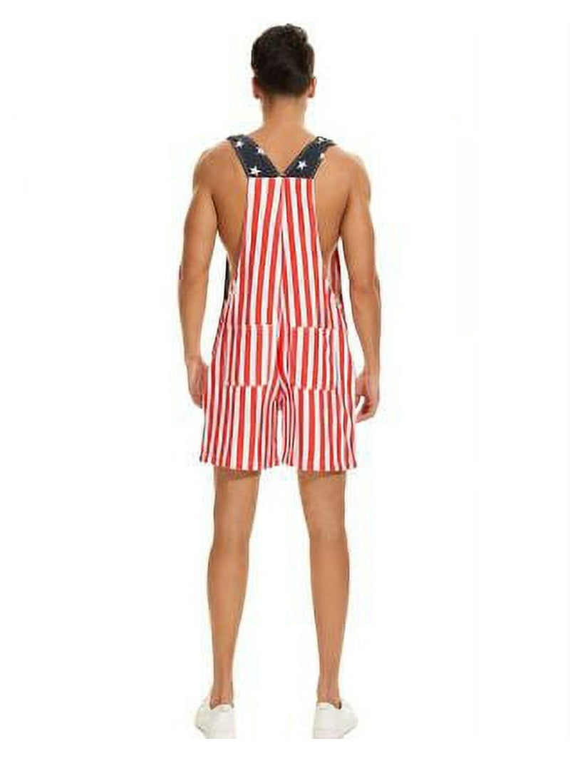 Mens American Flag Overalls Shorts Jumpsuit 4th of July Bib
