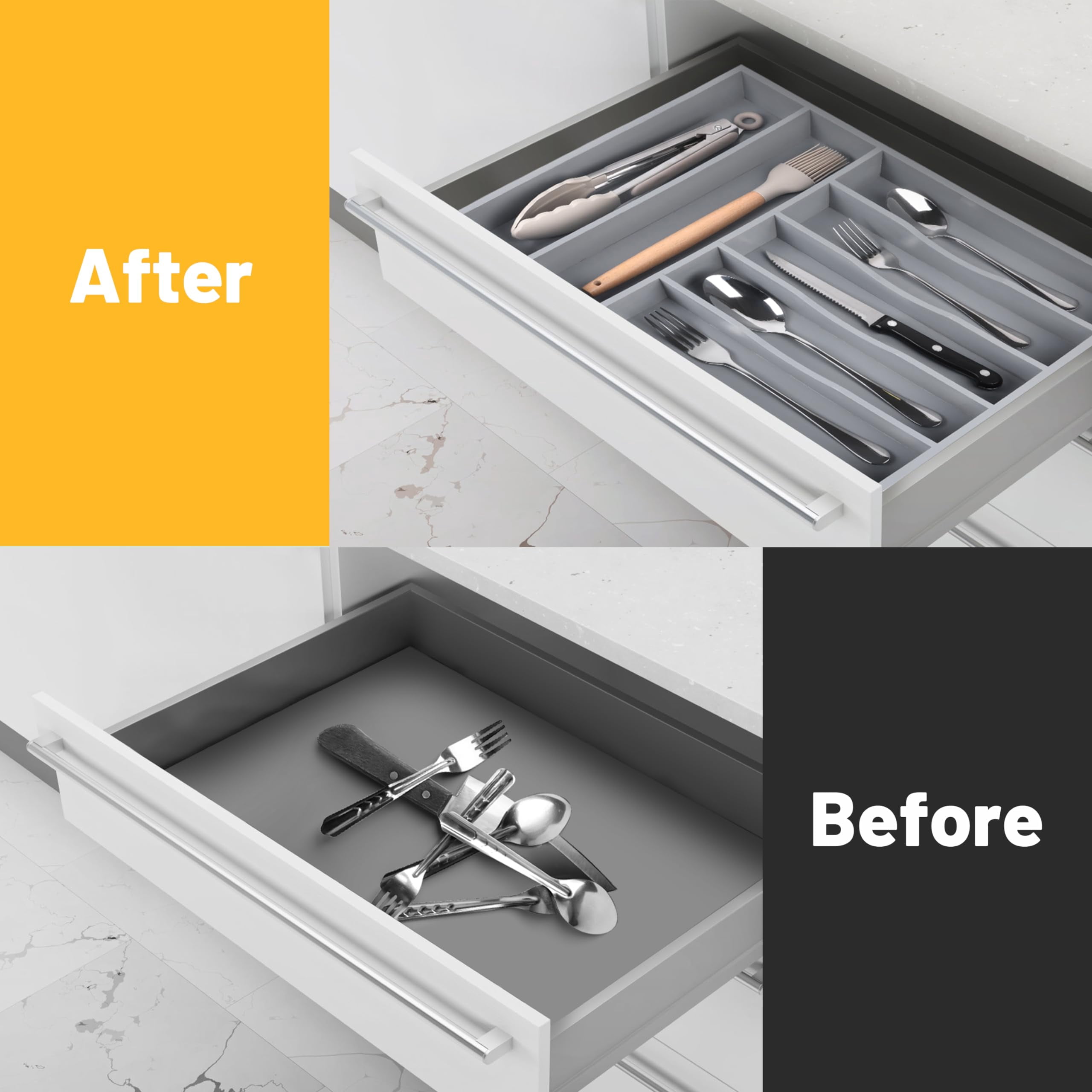 Kitchen Silverware Organizer  Drawer - Utensil Holder And Cutlery Tray With Grooved Dividers For Flatware 7 Slot Grey