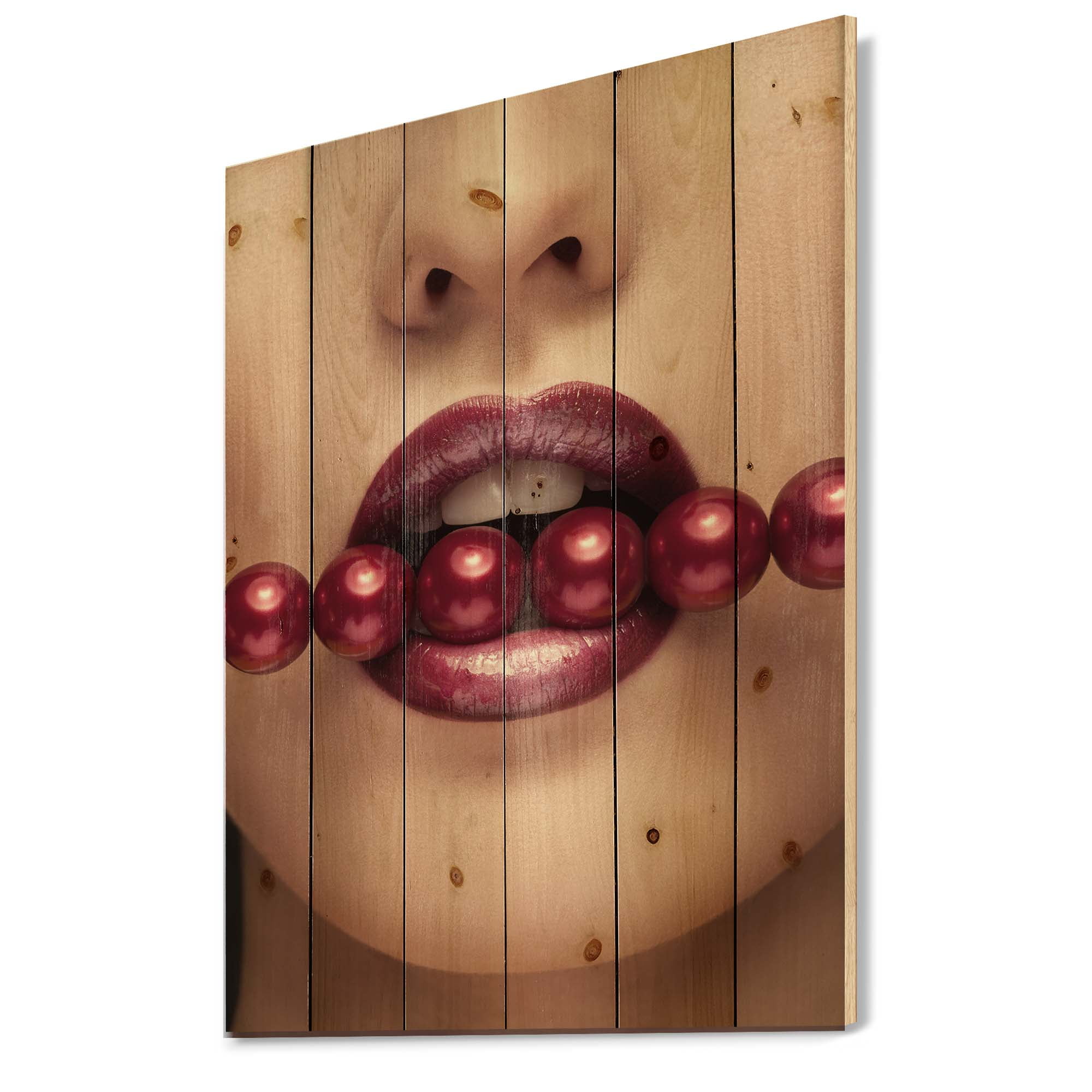 Designart 'Girl With Red Pearls In Mouth In A Sensual Pose' Modern Print on Natural Pine Wood
