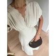 thumbnail image 4 of Apricot Linen V-Neck Petite Midi Dress With Lace Trim, High-Waist Pleated Slim Fit Elegant Vacation Dress, 4 of 7