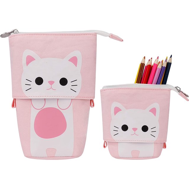 Estuche telescópico de pie con diseño de gato, multifuncional, organizador de papelería, bolsa de maquillaje para niñas, niños, adultos (rosa)