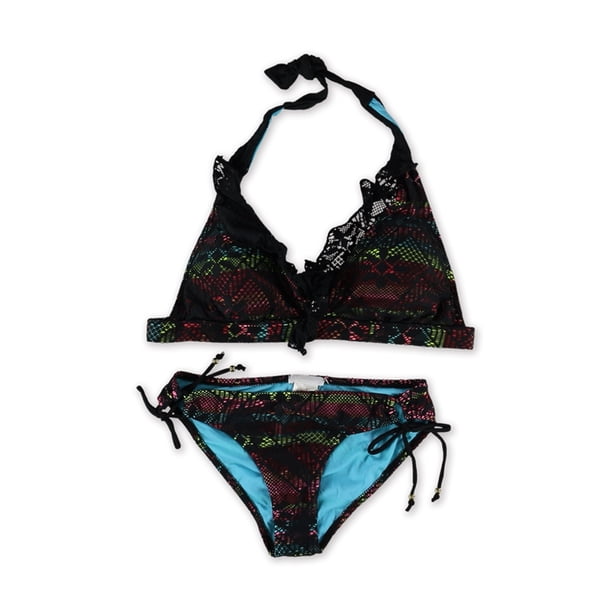 Jessica Simpson Bikini de 2 piezas con lazo lateral halter de encaje arcoíris para mujer negro M Jessica Simpson Bikini