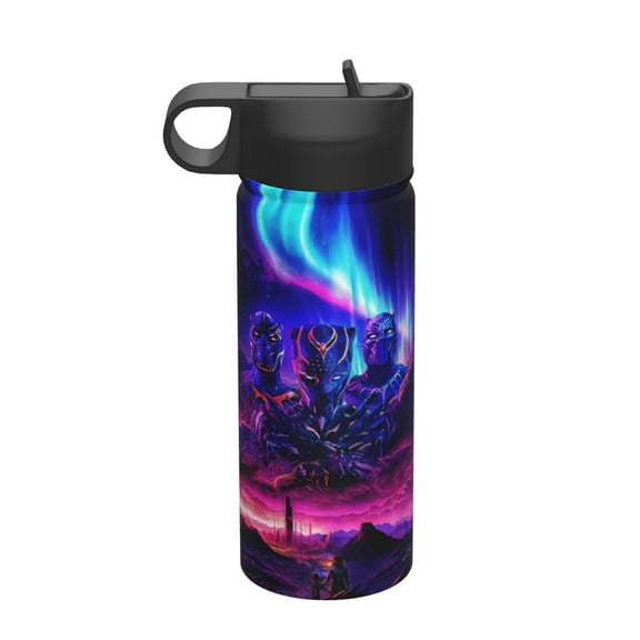 Black Panther Kids Water Bottle with Flip Straw Lid 18OZ Vacuum Insulated Stainless Steel Thermos Leakproof School Travel Sports Cup for Boys Girls Gift