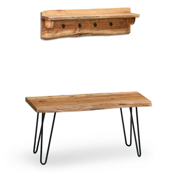 Alaterre Hairpin Natural Live Edge 36" Bench with Coat Hook Shelf Set