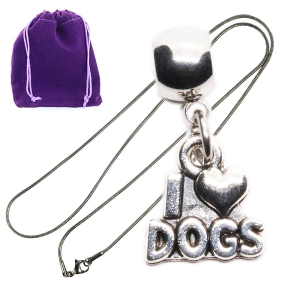 I Love Dogs Silver Tone Pendant Necklace, Dog Birthday Gift Idea Cute Dog Stuff Accessory with Heart Charm and Purple Pouch for Canine Lovers and Pet Moms