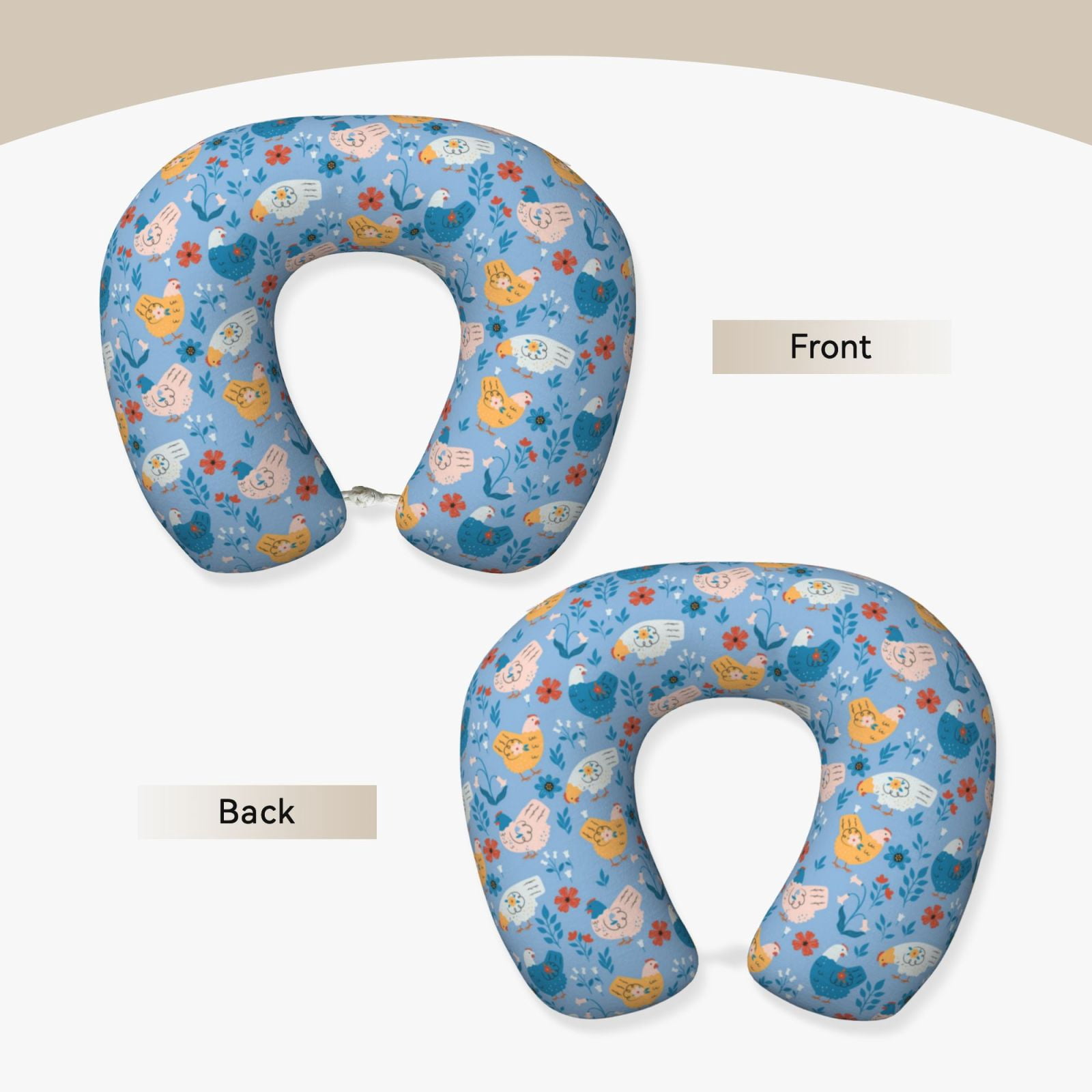 Xecao Cute Chickens and Flowers Print Memory Foam Cervical Neck Pillow Versatile U-Shaped Pillows for Home,Office,Camping,Travelling,Soft Washable Cover