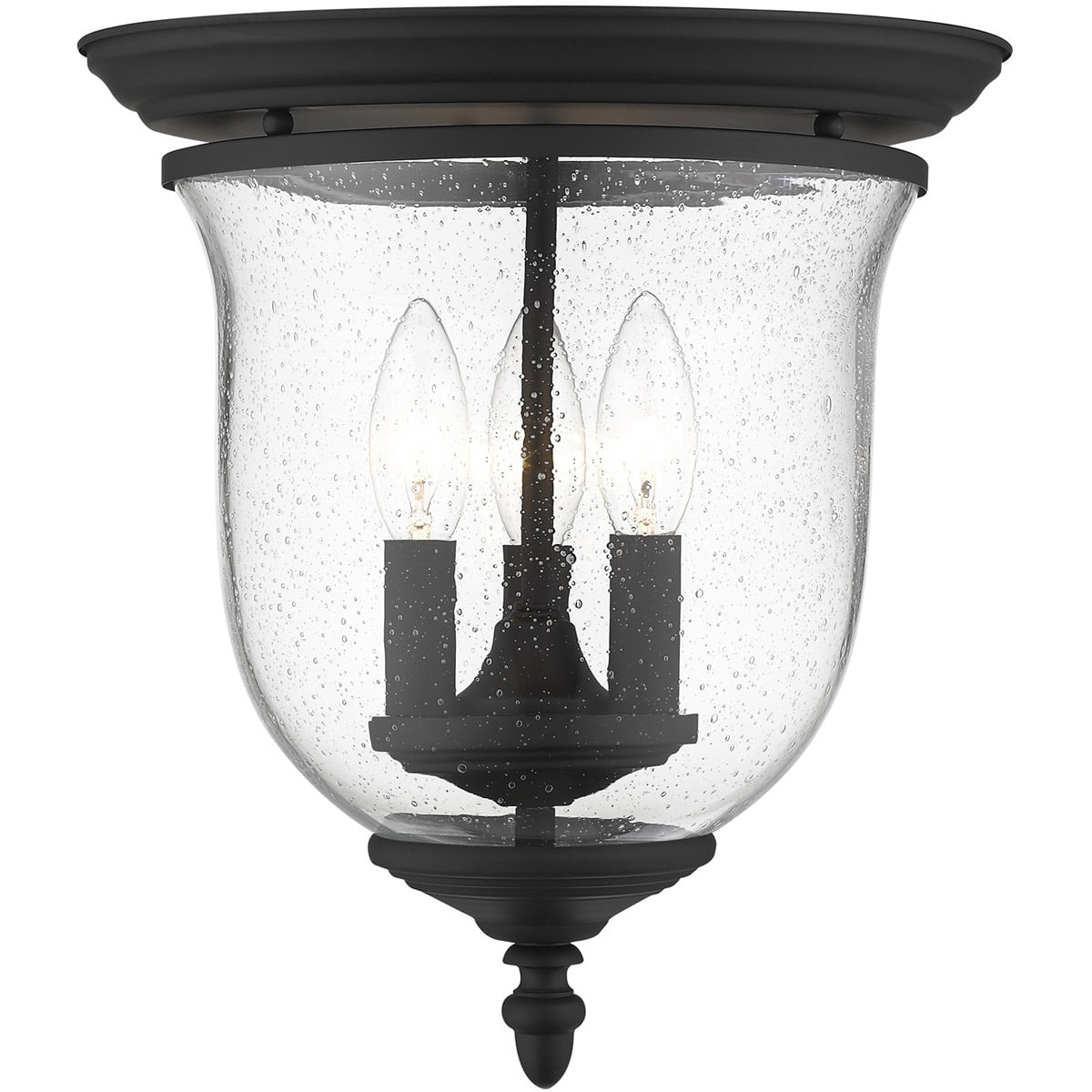 3 Light Black Ceiling Light fixture with Hand Blown Clear Seeded Glass Shade