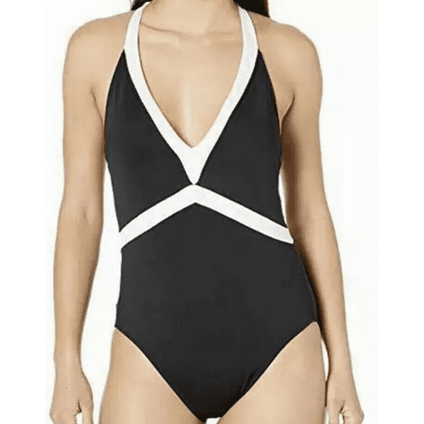 Lauren Ralph Lauren Women's Black Bel Aire V-Neck Mio One-Piece Swimsuit  Black/White Size 4 