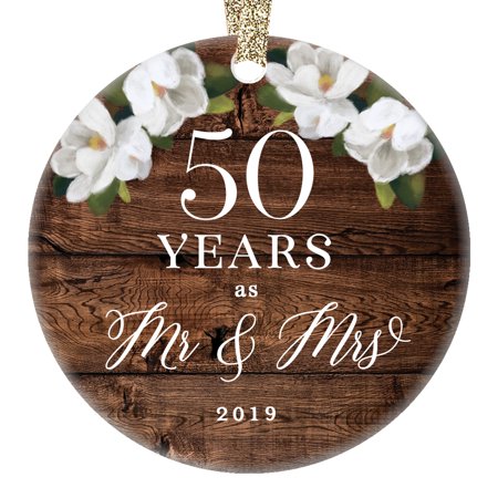 Christmas 2019 Mr. & Mrs. Ornament 50th Fiftieth Golden Wedding Anniversary Ceramic 50 Fifty Years Married Couple Rustic Floral 3