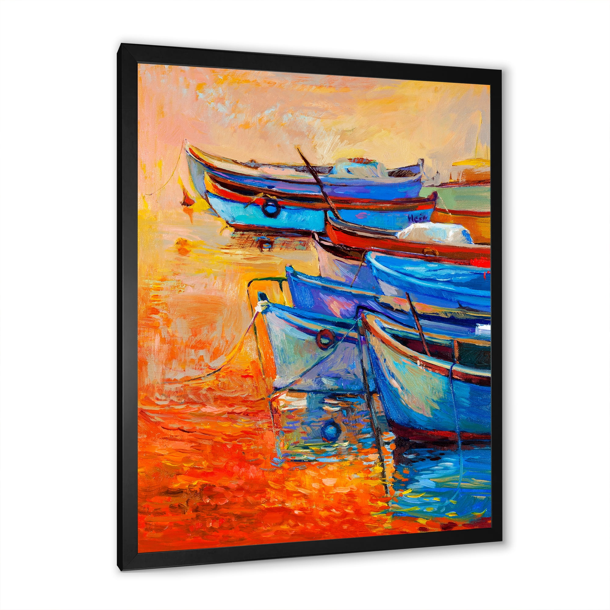Boats During Warm Sunset Resting On The Water VIII 30 in x 40 in Framed Painting Canvas Art Print, by Designart