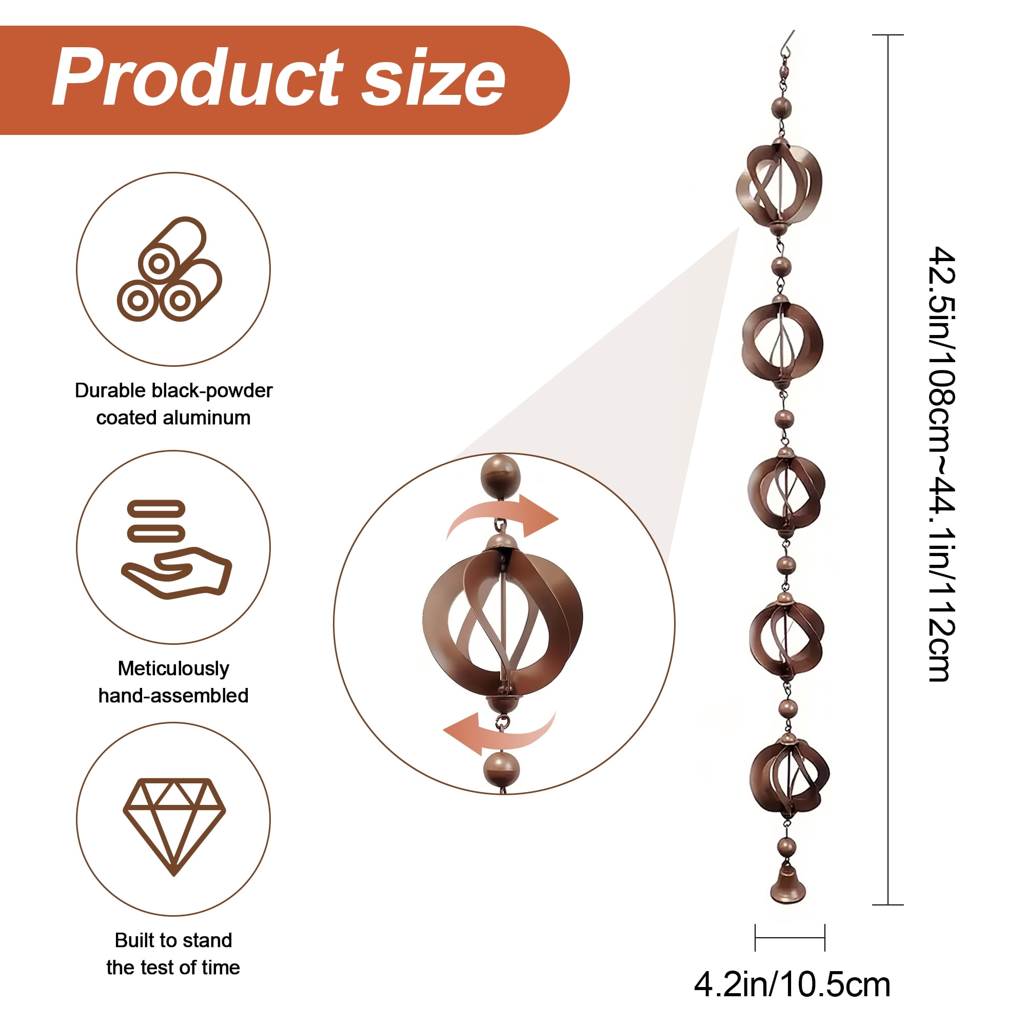 Wind Chime, 1 Piece Swivel Rain Chain Suspension, 42.52 lnches, Patio Outdoor Decor, Vintage Wind Chime with Bell