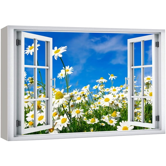 wall26 Canvas Print Wall Art Window View Daisy Flower Floral Botanical Sky Field Wilderness Nature Photography Realism Scenic Landscape Colorful Multicolor for Living Room, Bedroom, Office - 12"