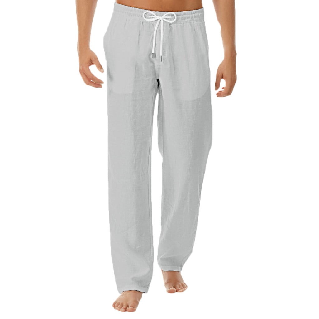 qucoqpe Men's Drawstring Linen Pants Casual Summer Beach Loose Trousers ...
