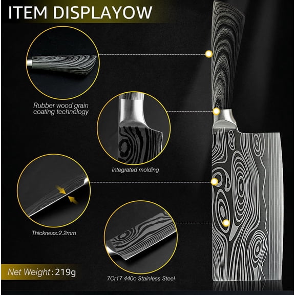 Kitchen Knife 7" Chinese Meat Cleaver Stainless Steel Chef Knives Damascus Laser Knife for Vegetables Utility Meat Slicing Boning Knives,Gray