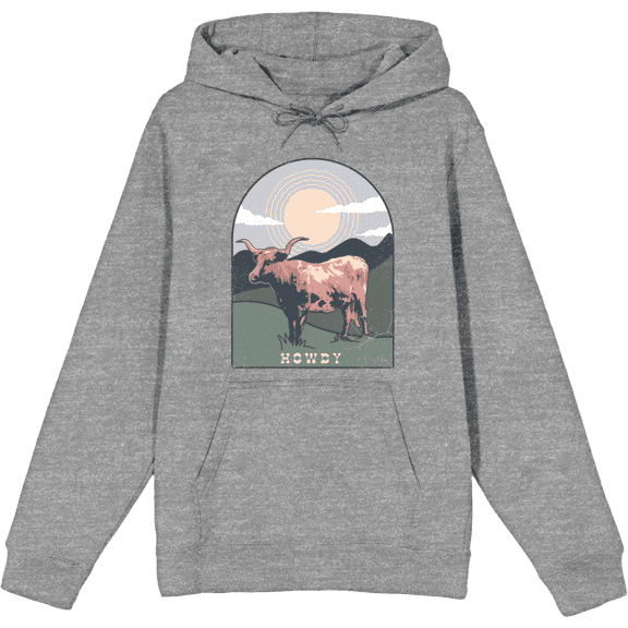 Western Howdy Cow Adult Heather Gray Long Sleeve Hoodie-Medium