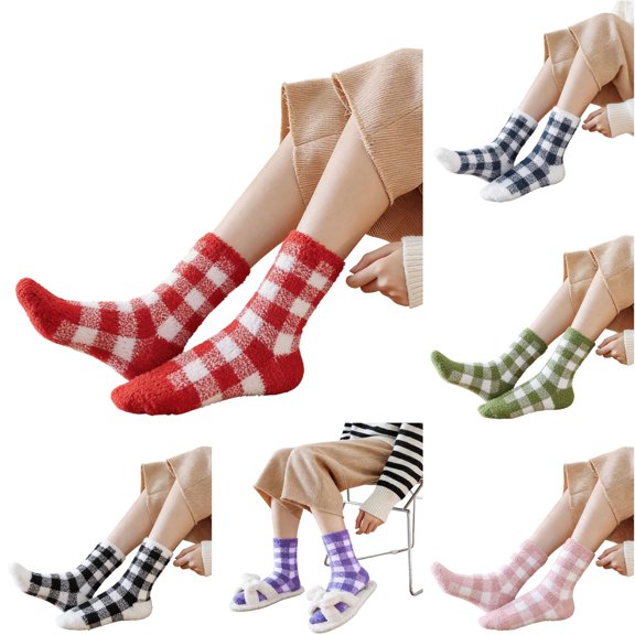 Daznico Women Mid Crew Fuzzy Socks Classic Plaid Thermal Soft Stretch Cozy Slouchy Stockings for Winter Indoor Sleep Daily Casual Loungewear