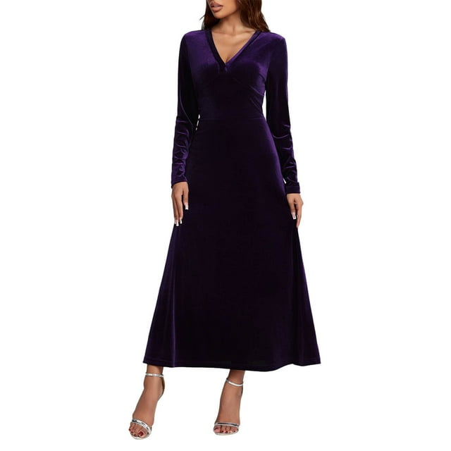 Enjoytime Robes de Soirée pour Femmes Couleur Unie Col en V Manches Longues Robe Maxi en Velours Doré Tendance Élégante Robes de Soirée Violet m