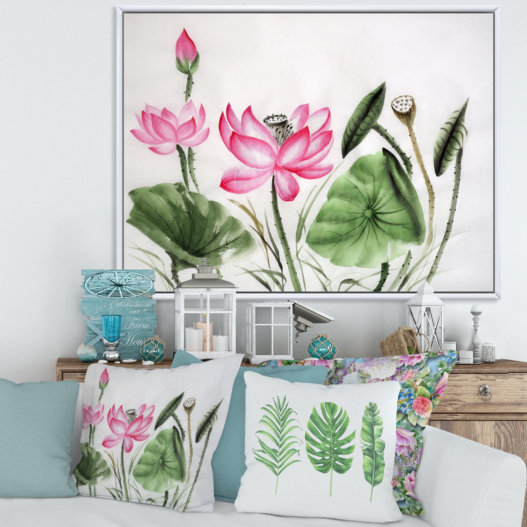 Designart 'Ancient Pink Lotuses In The Pond II' Traditional Framed Canvas Wall Art Print