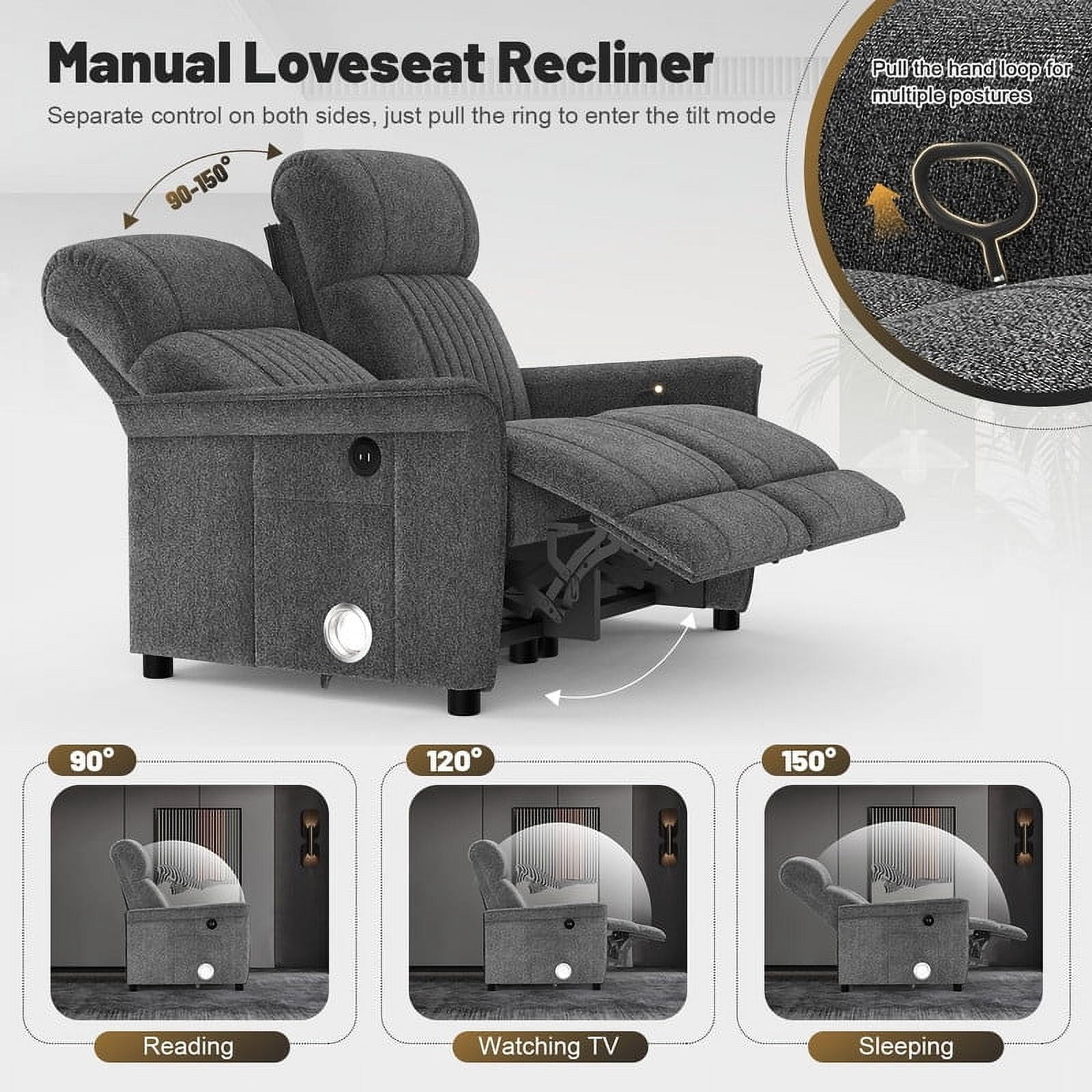 Loberfve Recliner Sofa, RV Reclining Loveseat with 2 Folding Side Table and Cup Holders, Manual Modern Loveseat Recliner Sofa with USB Ports, Gray
