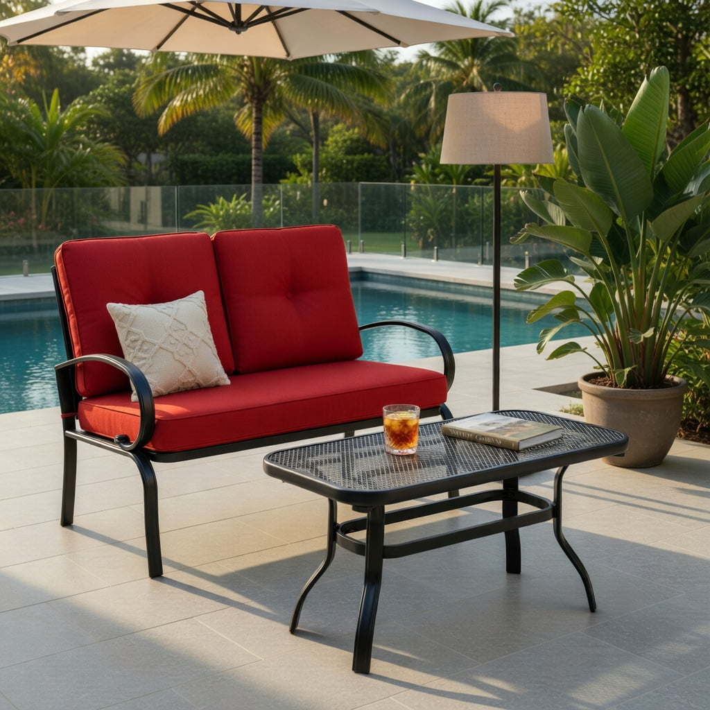 Hommoo 2-Piece Outdoor Patio Furniture Set, Cushioned Steel Loveseat & Coffee Table, 4" Thick Cushions, Easy Assembly, Red