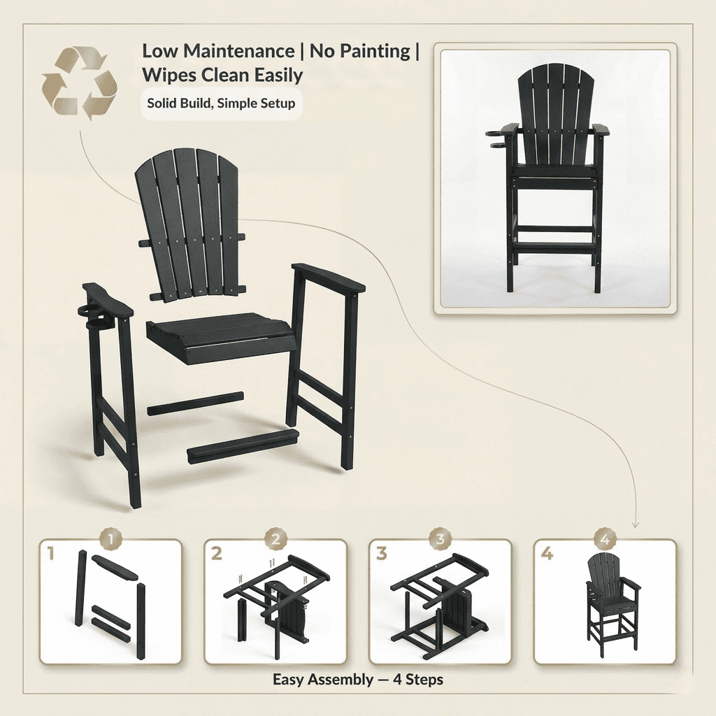 All-Weather Bar Height Adirondack Chair, Outdoor Patio Bar Stool with Armrests & Cup Holder, UV/Weather Resistant, Ergonomic High-Back Design for Deck Backyard Poolside 1PC