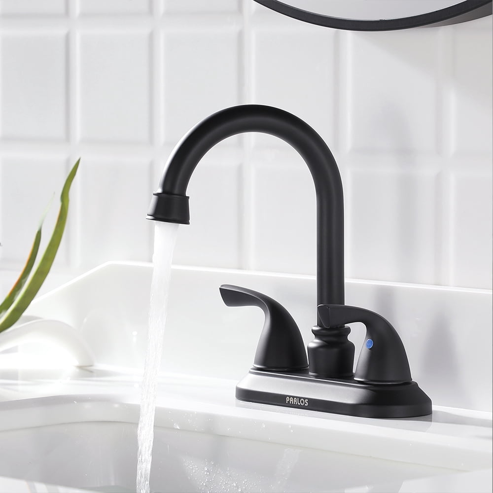 PARLOS Two-Handle Bathroom Sink Faucet with Metal Drain Assembly and Supply Hose, Matte Black