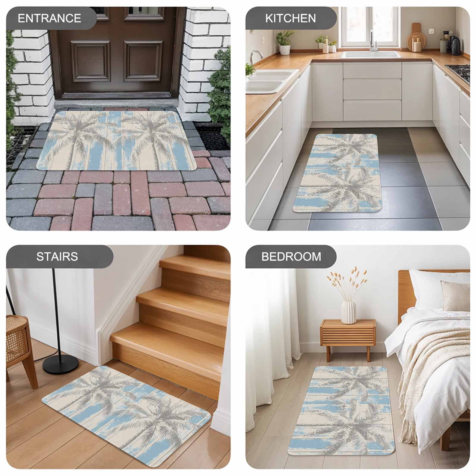 Palm Tree Doormat Outdoor Entrance 18"x30", Blue Tropical Plant Summer Retro Wood Plank Absorb Moisture Dirt Door Mats, Non-Slip Rubber Backing Floor Mats Indoor, Low-Profile Front Door Rugs