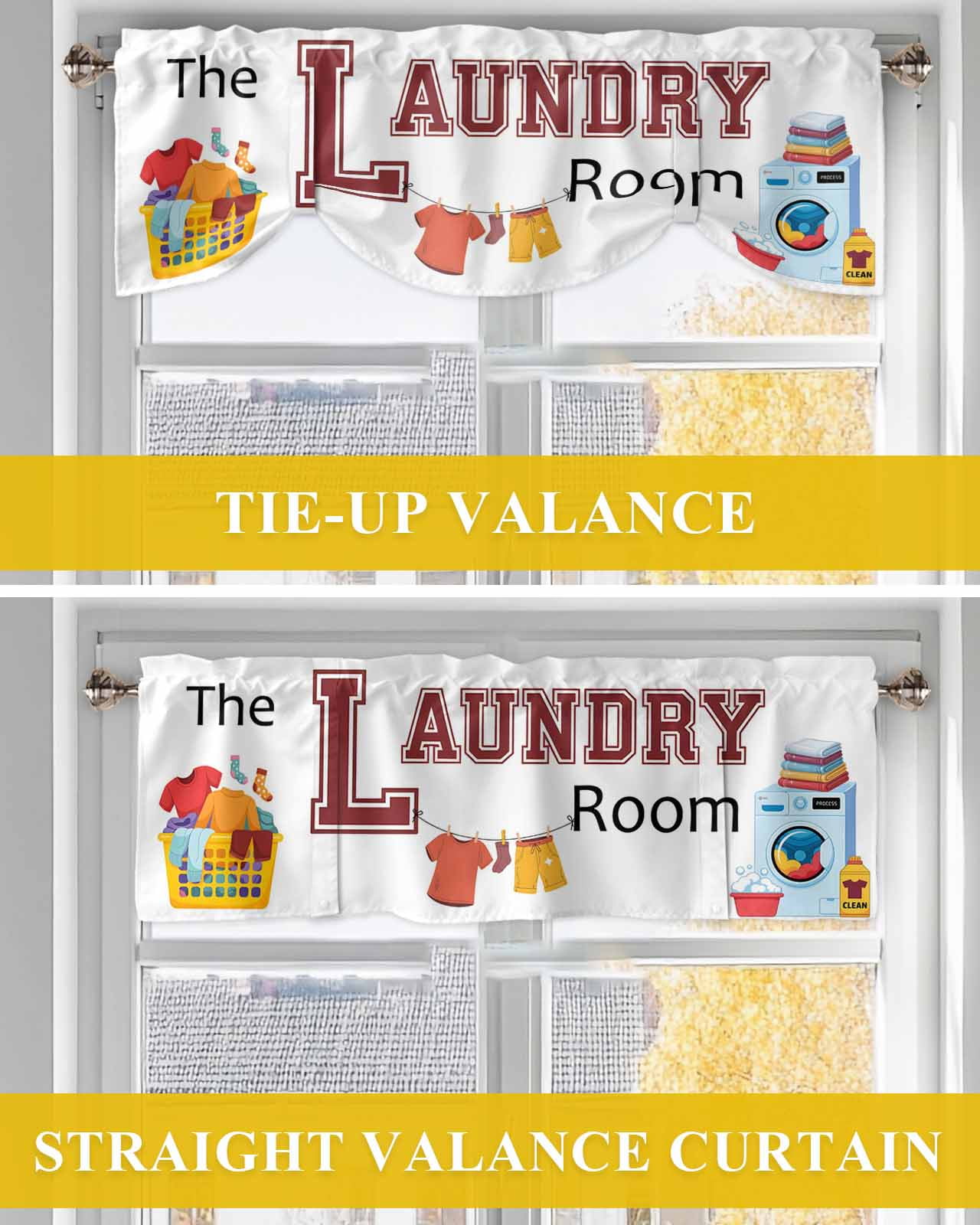 Laundry Tie Up Valances Curtain, Adjustable Kitchen The Laundry Room Valances for Windows Decor, Rod Pocket Short Curtains Set for Bedroom/Bathroom, 60"x18"