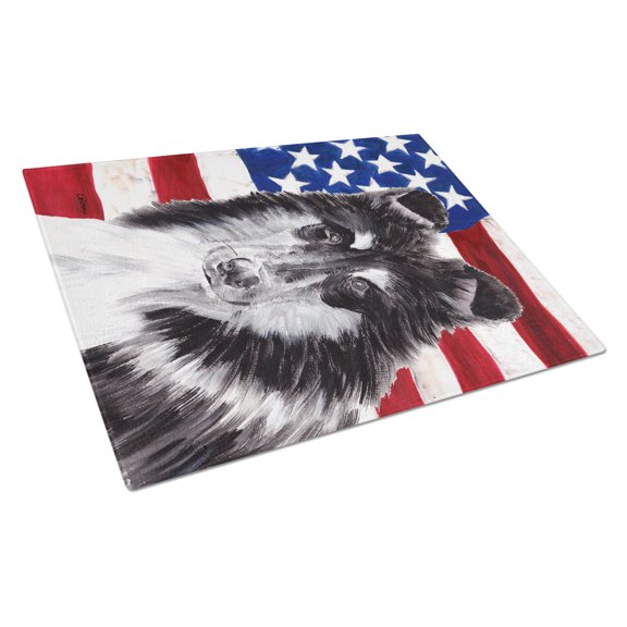 Carolines Treasures SC9630LCB Black and White Collie with American Flag USA Glass Cutting Board Large 12H x 16W