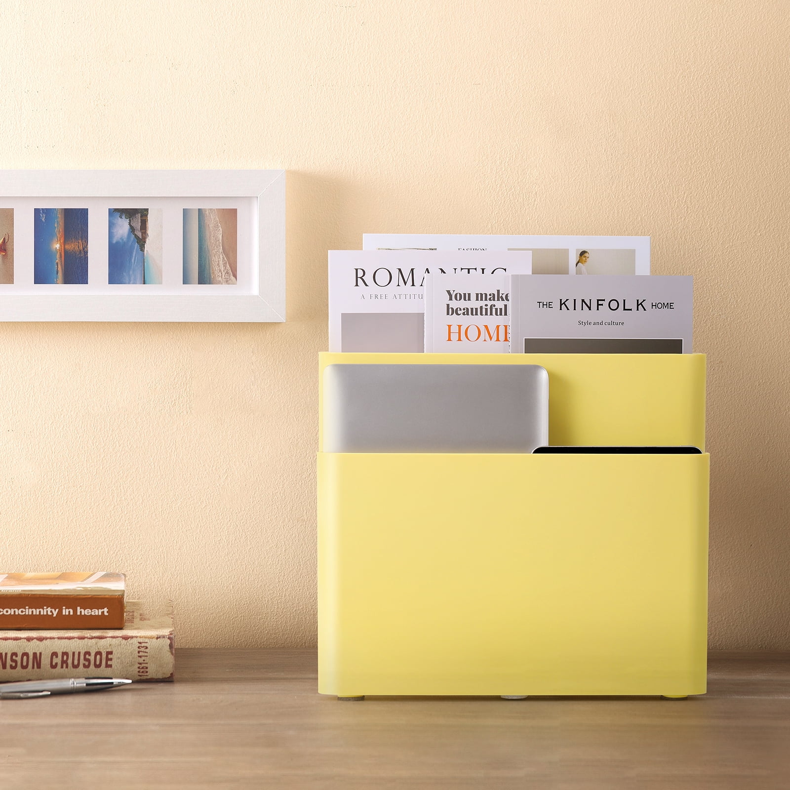 Freestanding Four Pocket Plastic Magazine Rack File Holder, Yellow