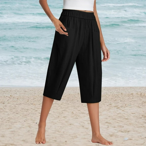 Stephy Women's Cotton and Linen Cropped Pants for Women In Summer Loose Large Size Linen Elastic Waist Small Feet Harem Pants Versatile Casual Pants Casual Cropped Pants, Black, M