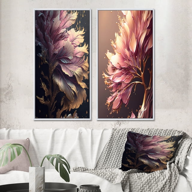 Designart "Pink and Gold Abstract Leaf Design III" Leaves Framed Wall Art Set Of 2 - Blue Floral Frame Gallery Set For Office Decor